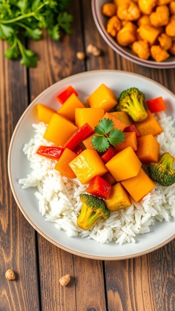 A colorful curry dish with bell peppers, carrots, and broccoli on rice, garnished with cilantro.